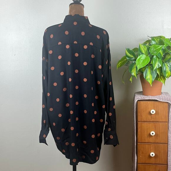 Loft Black with Tan Polka Dots Long Sleeve Collared Blouse Oversized Small - Picture 5 of 10